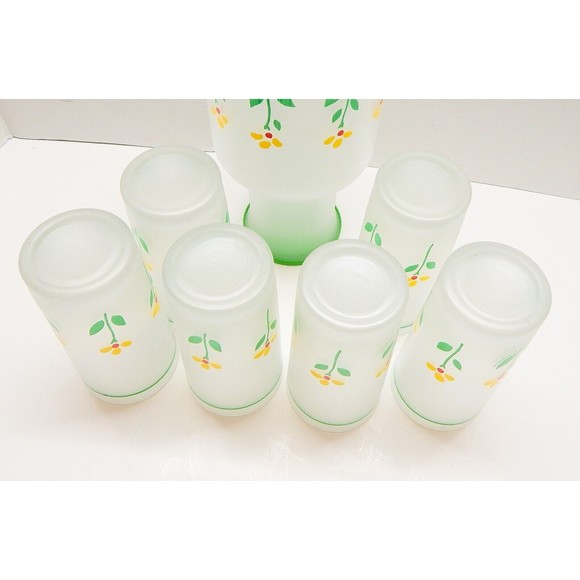 Libbey of Canada Frosted Beverage Carafe 6 Glasses Yellow Flower Telaflora 1985 - Picture 11 of 12